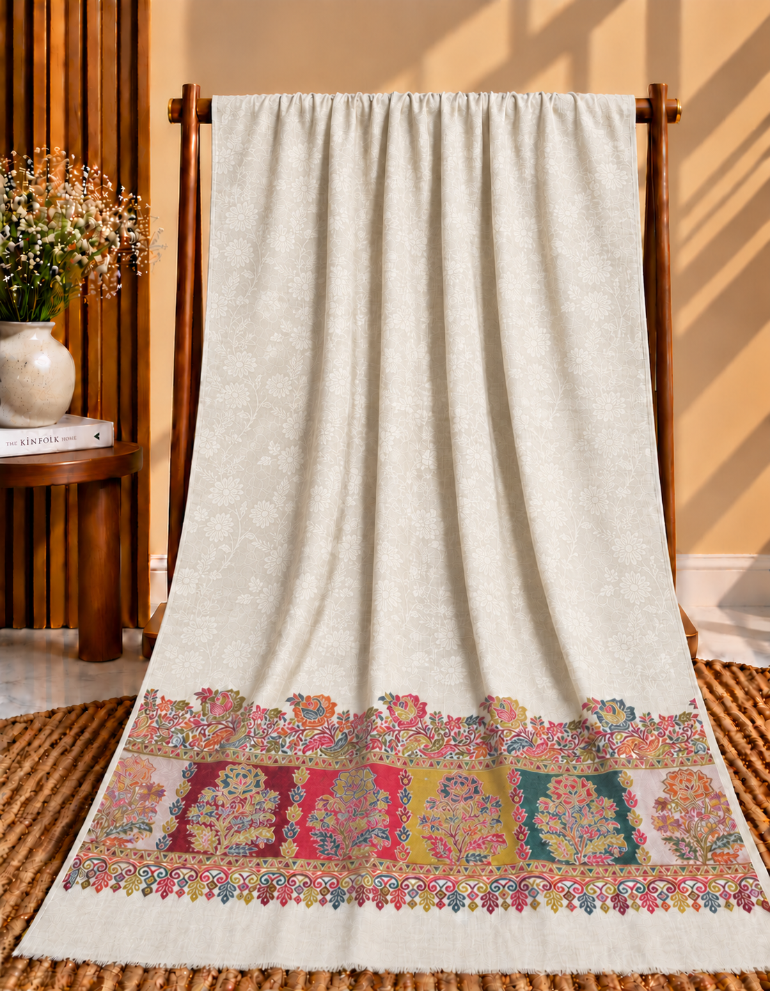 Light Skin Pashmina Kani Border with Self Print Shawl