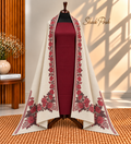 Skin with Maroon 3-Piece Plain Pashmina Suit with 4 Side Kani Floral Border Pashmina Shawl