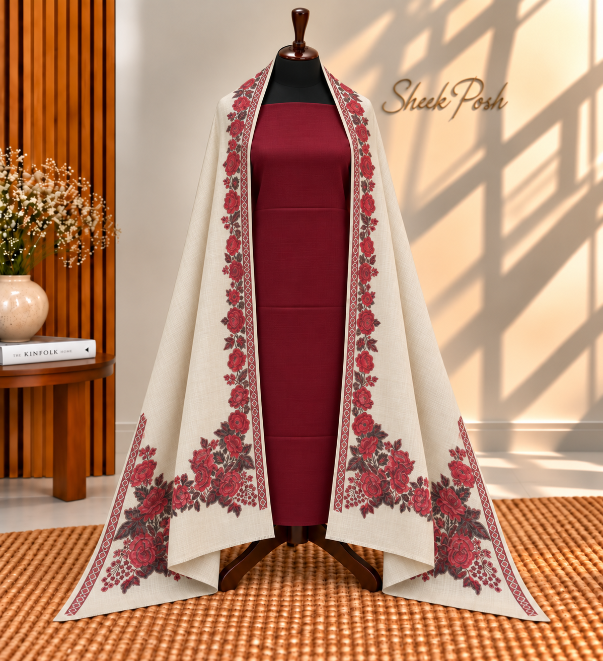 Skin with Maroon 3-Piece Plain Pashmina Suit with 4 Side Kani Floral Border Pashmina Shawl
