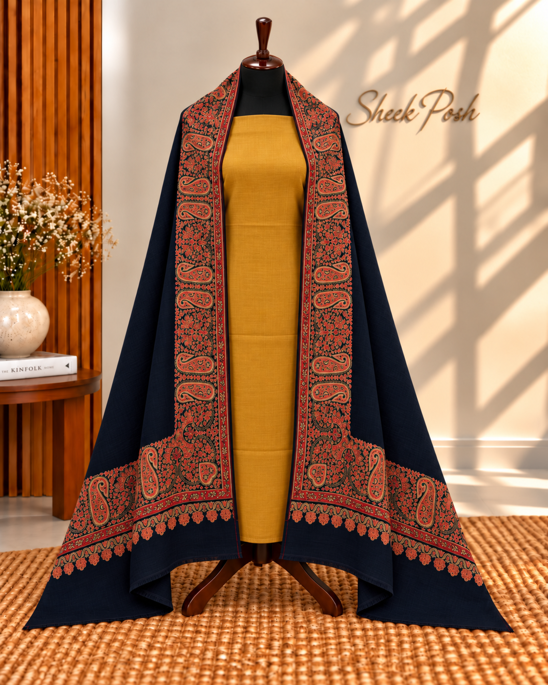 Black with Mustard 3-Piece Plain Pashmina Suit with 4 Side Kani Paisley Border Pashmina Shawl