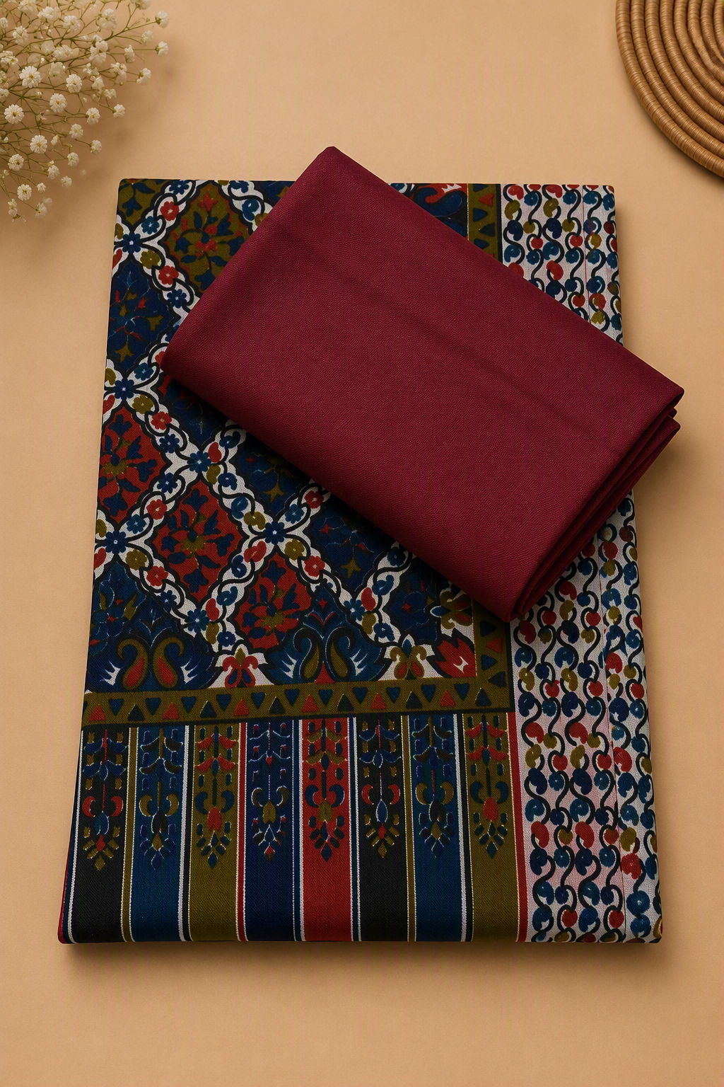 Maroon 3-Piece Plain Pashmina Suit with Geometric Printed Pashmina Shawl