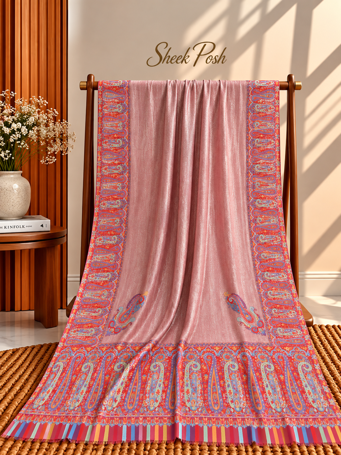 Tea Pink Moonlight Kani Border Shawl – Red Paisley
