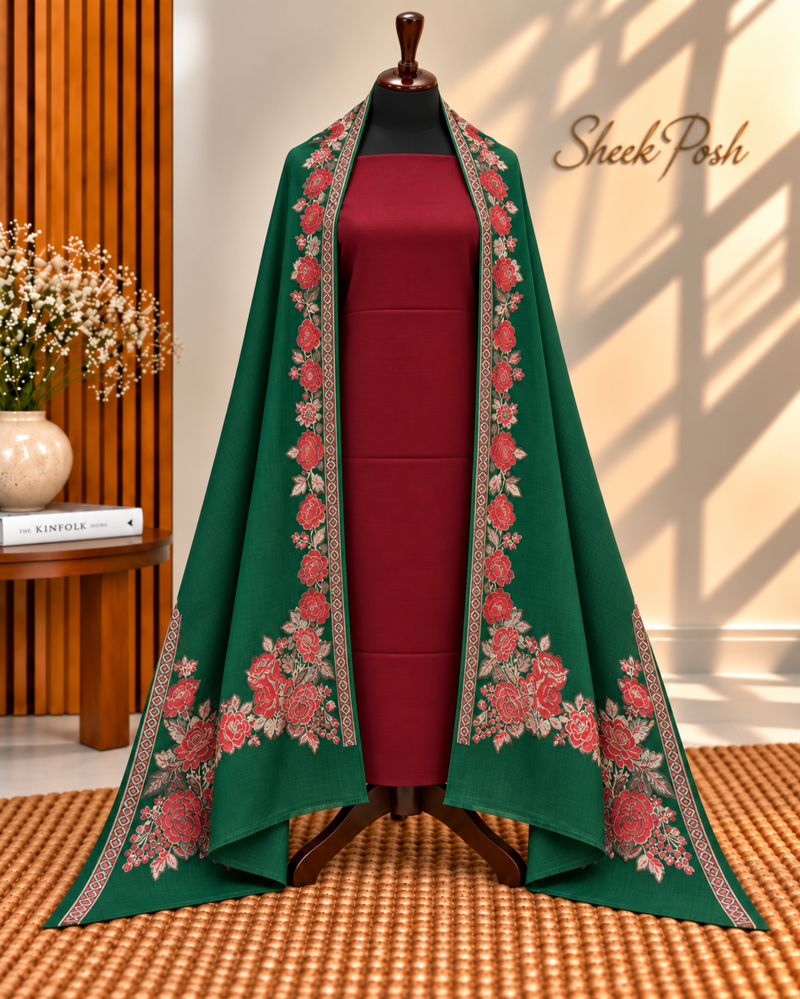 Green with maroon 3-Piece Plain Pashmina Suit with 4 Side Kani Floral Border Pashmina Shawl