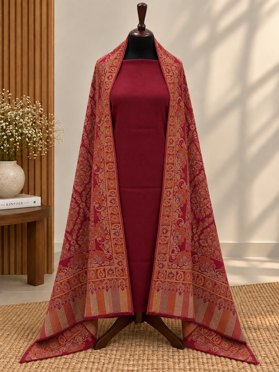 Maroon 3-Piece Plain Pashmina Suit with Red Full Kani Pashmina Shawl