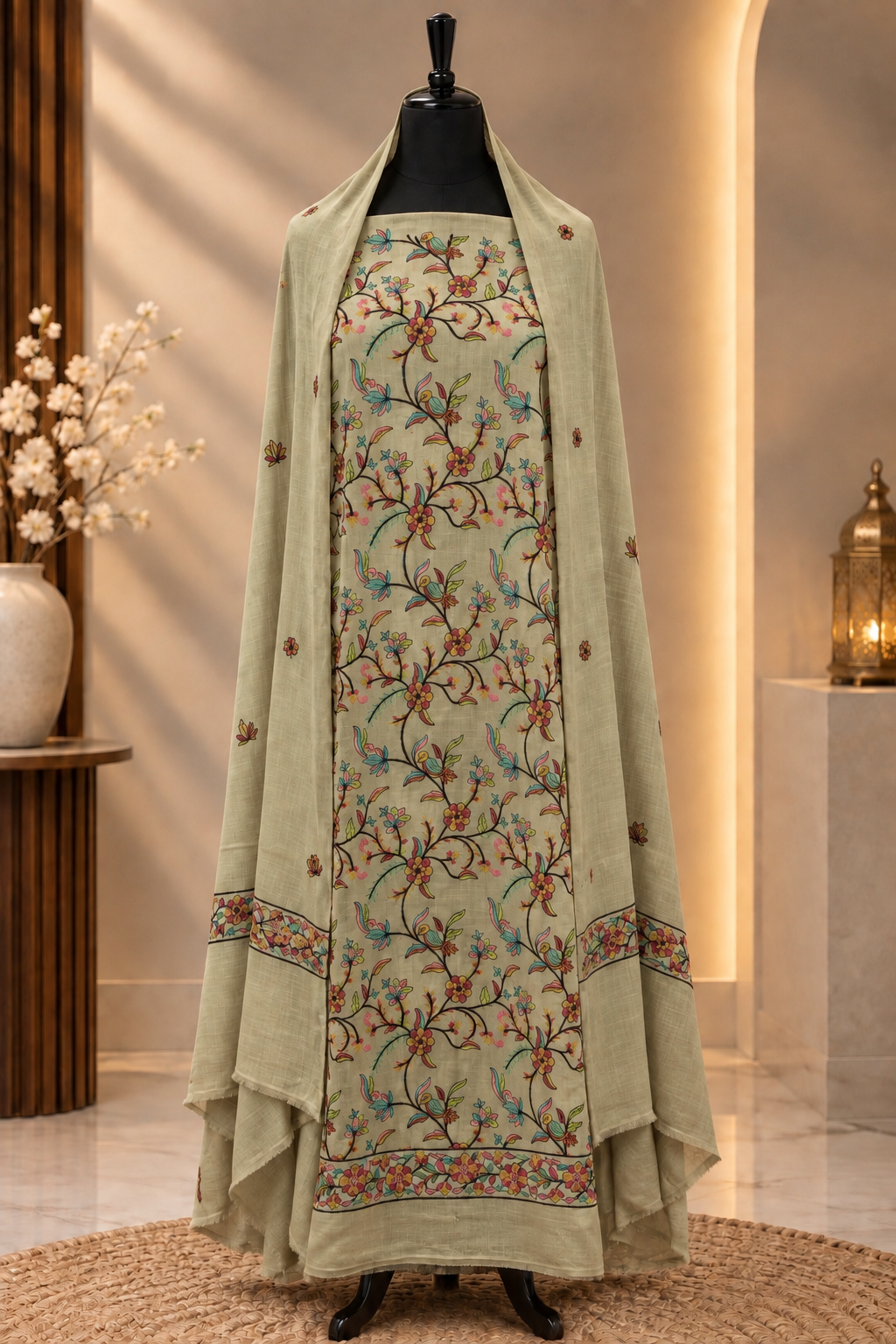 Pista Green Premium Pashmina 3-Piece Embroidered Suit