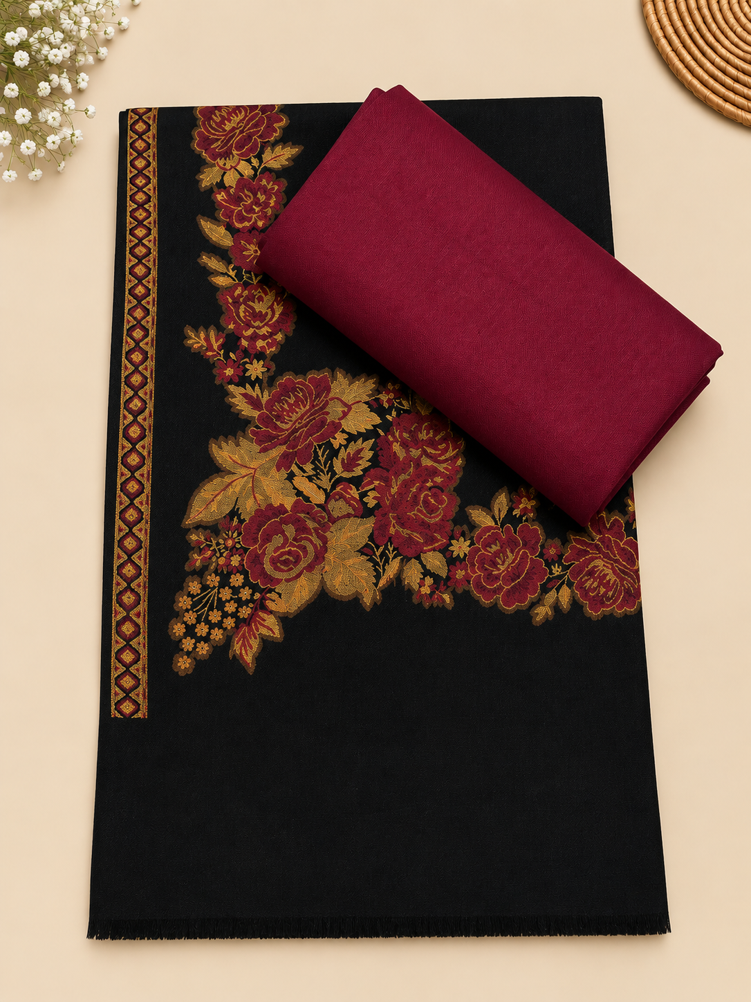Maroon 3-Piece Plain Pashmina Suit with Black Floral Kani Border Shawl
