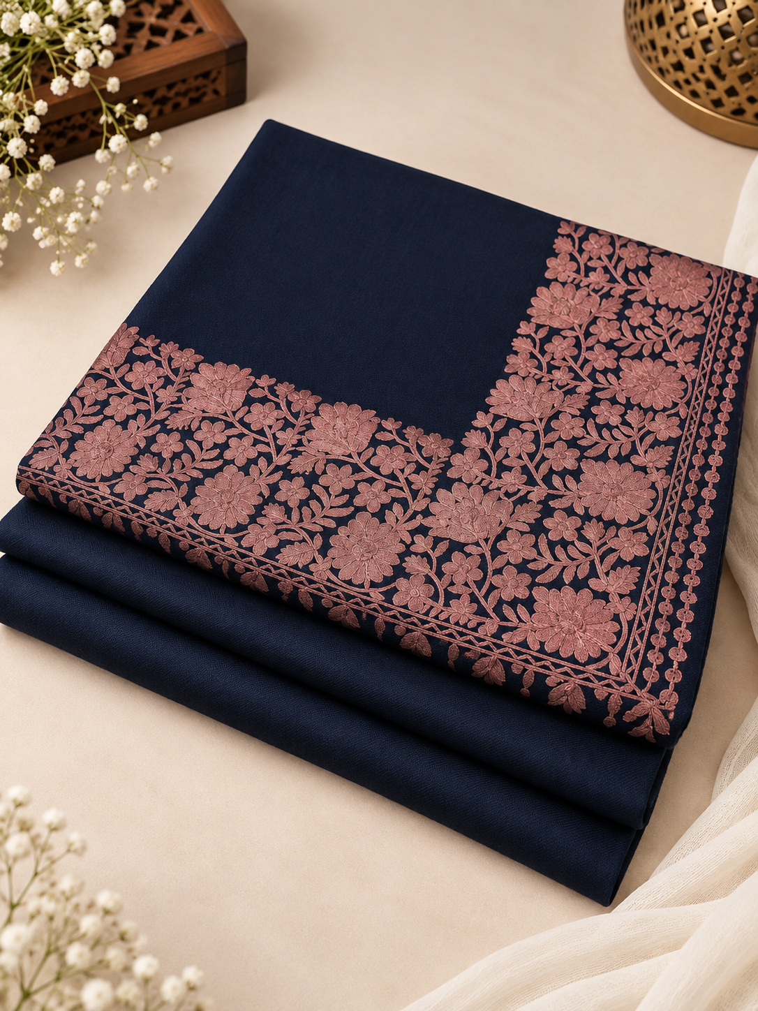 Navy Blue 3-Piece Plain Pashmina Suit with Navy & Rust 4-Side Kashmiri Border Embroidered Shawl
