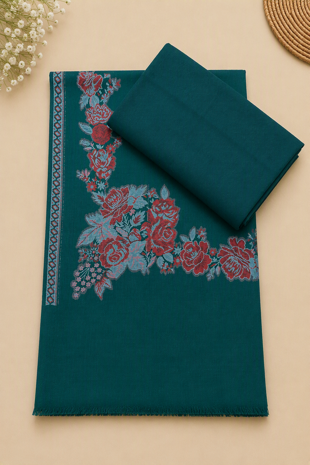 Sea Green 3-Piece Plain Pashmina Suit with Sea Green Floral Kani Border Shawl