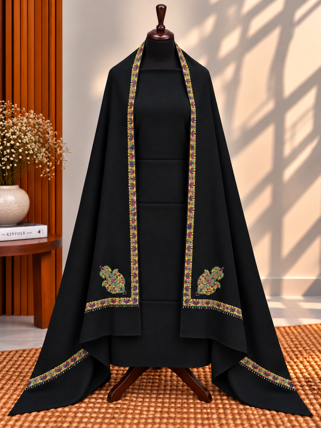 Black 3-Piece Plain Pashmina Suit with 4-Side Kingri Border Shawl
