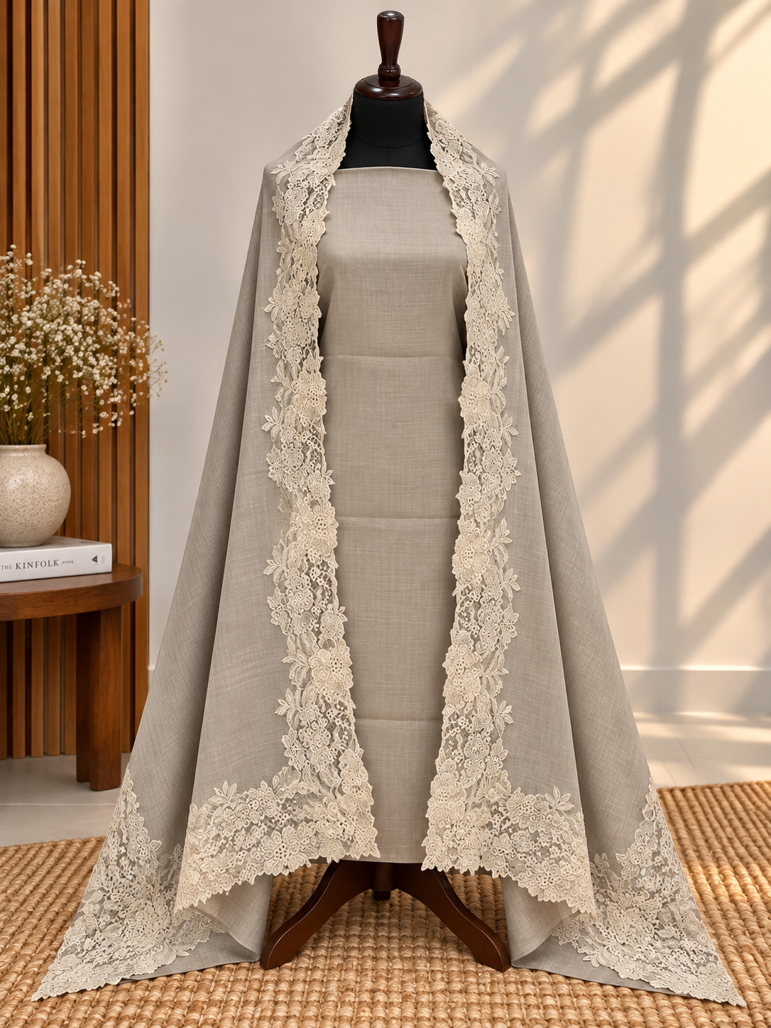 Skin Grey 3-Piece Plain Pashmina Suit with Chantilly & Appliqué Shawl