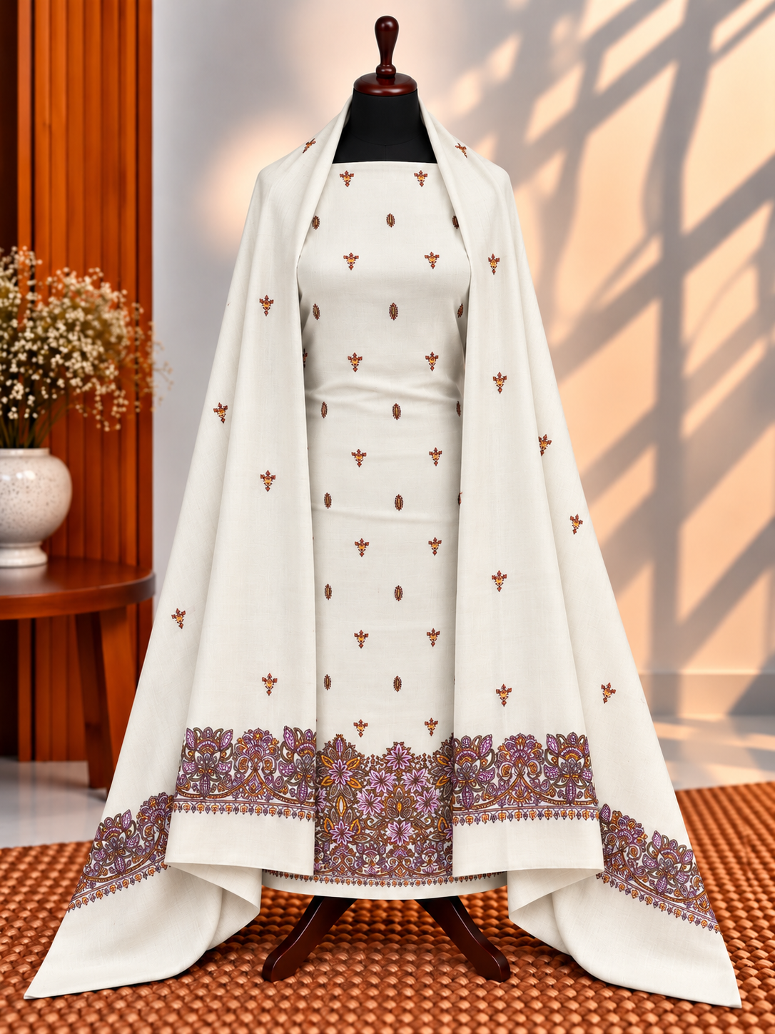 Off-White Premium Pashmina 3-Piece Embroidered Suit
