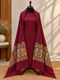 Maroon 3-Piece Plain Pashmina Suit with Kani Border Self Shawl