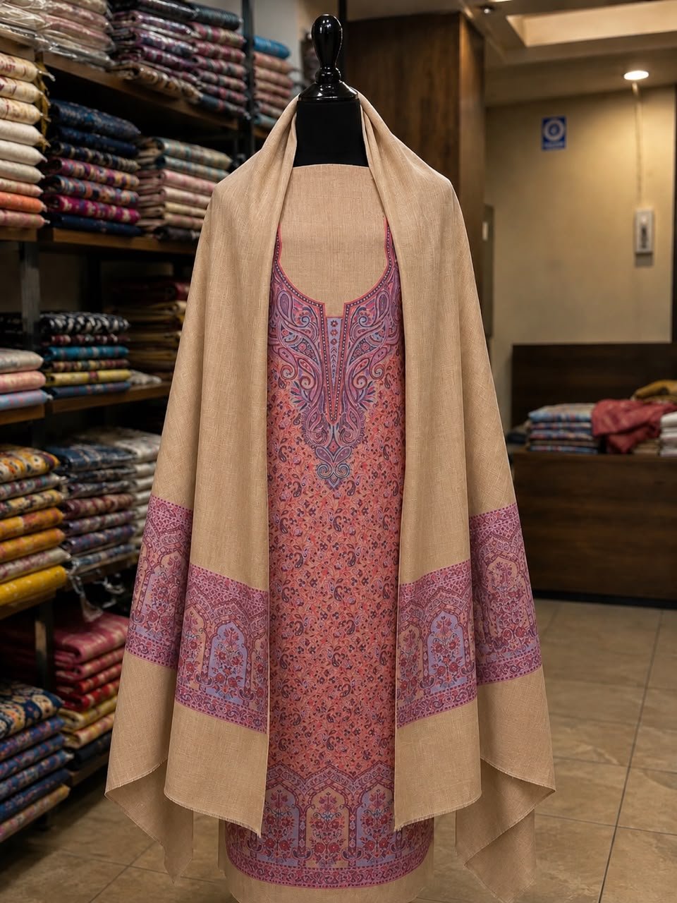 Beige Skin Premium Kashmiri Kani Pashmina 3Pc Suit image 0
