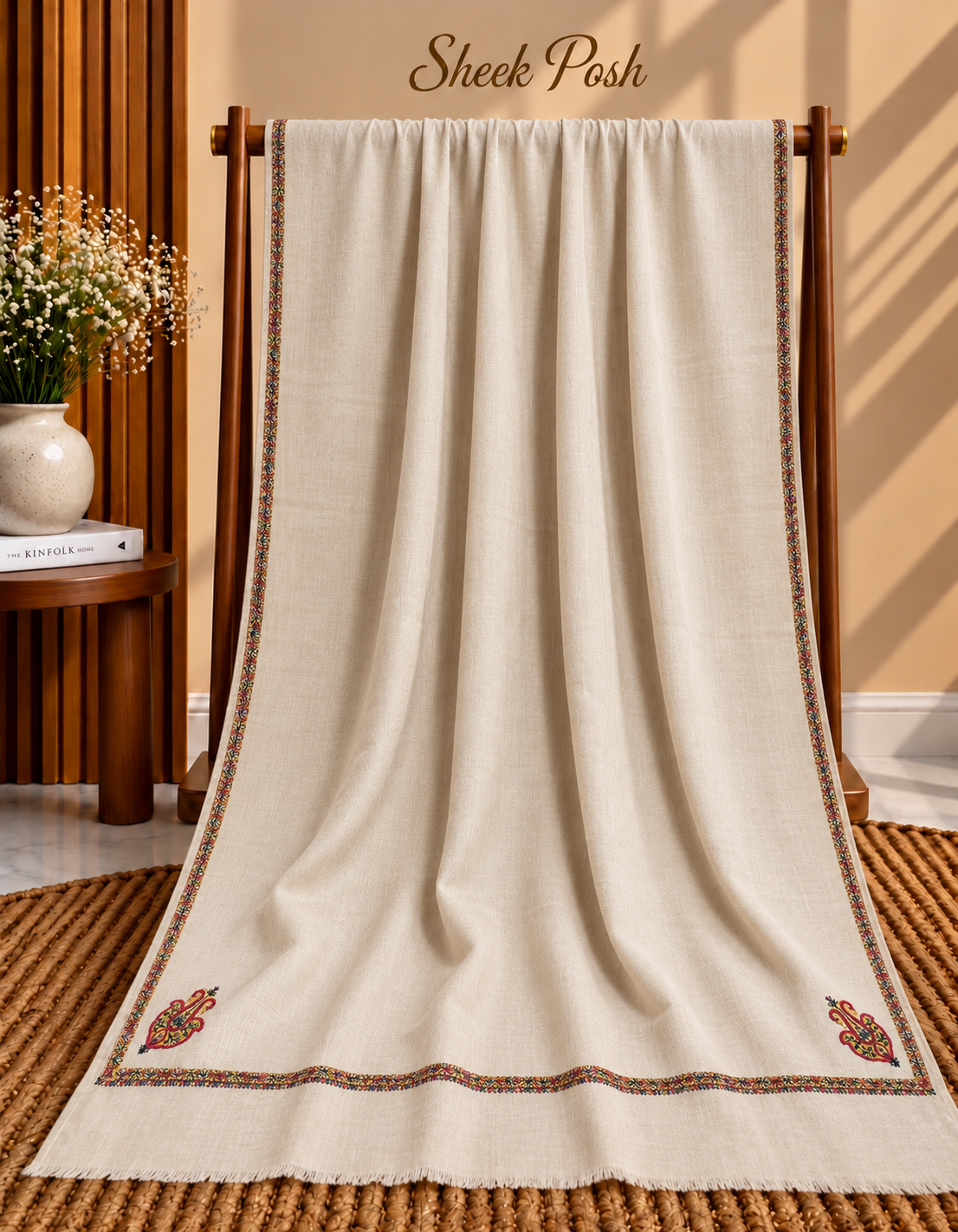 Light Skin 4-Side Kingri Border Embroidered Pashmina Shawl