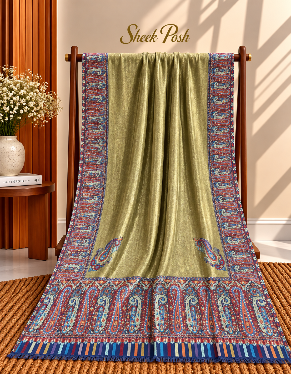 Mehandi Green Moonlight Kani Border Shawl – Maroon Paisley