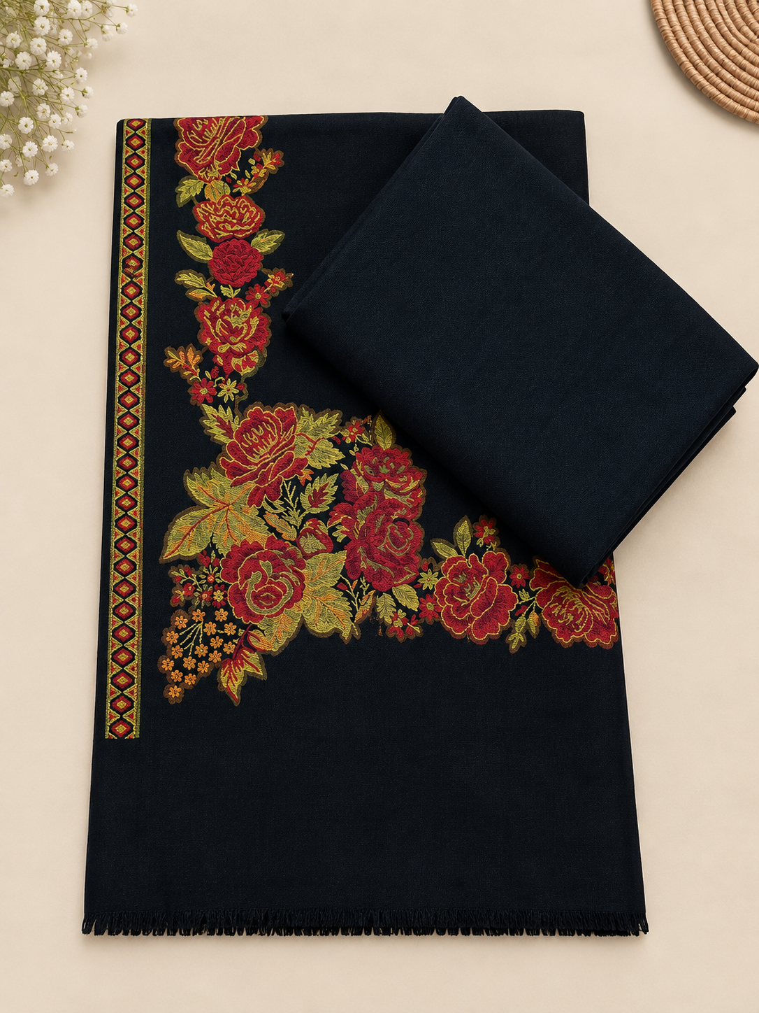 Black 3-Piece Plain Pashmina Suit with Black Floral Kani Border Shawl
