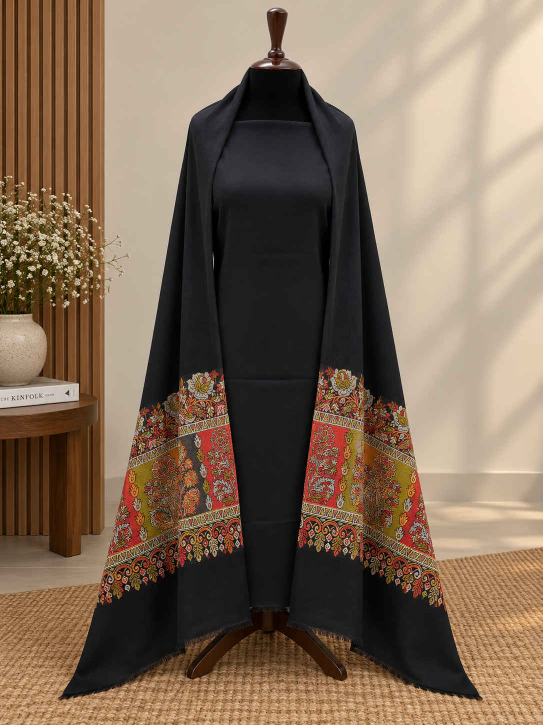 Black 3-Piece Plain Pashmina Suit with Kani Border + Self Pashmina Shawl (Style 2)