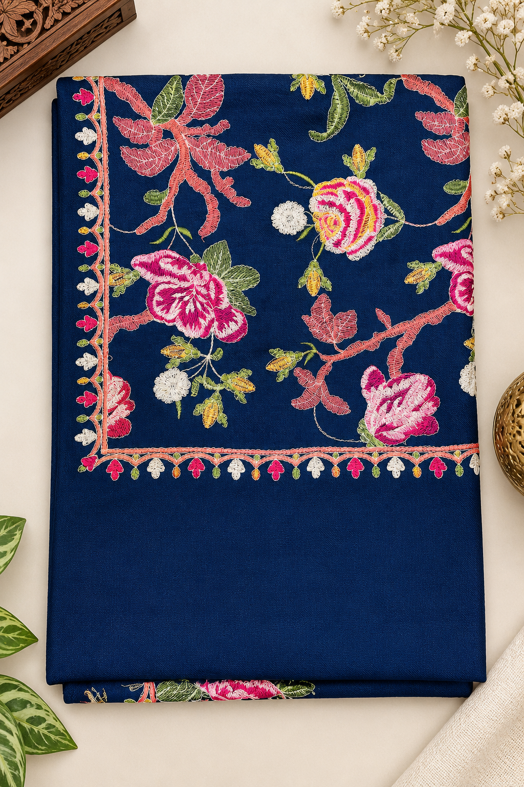 Navy Blue Pashmina Full Gulabkar Embroidered Stole
