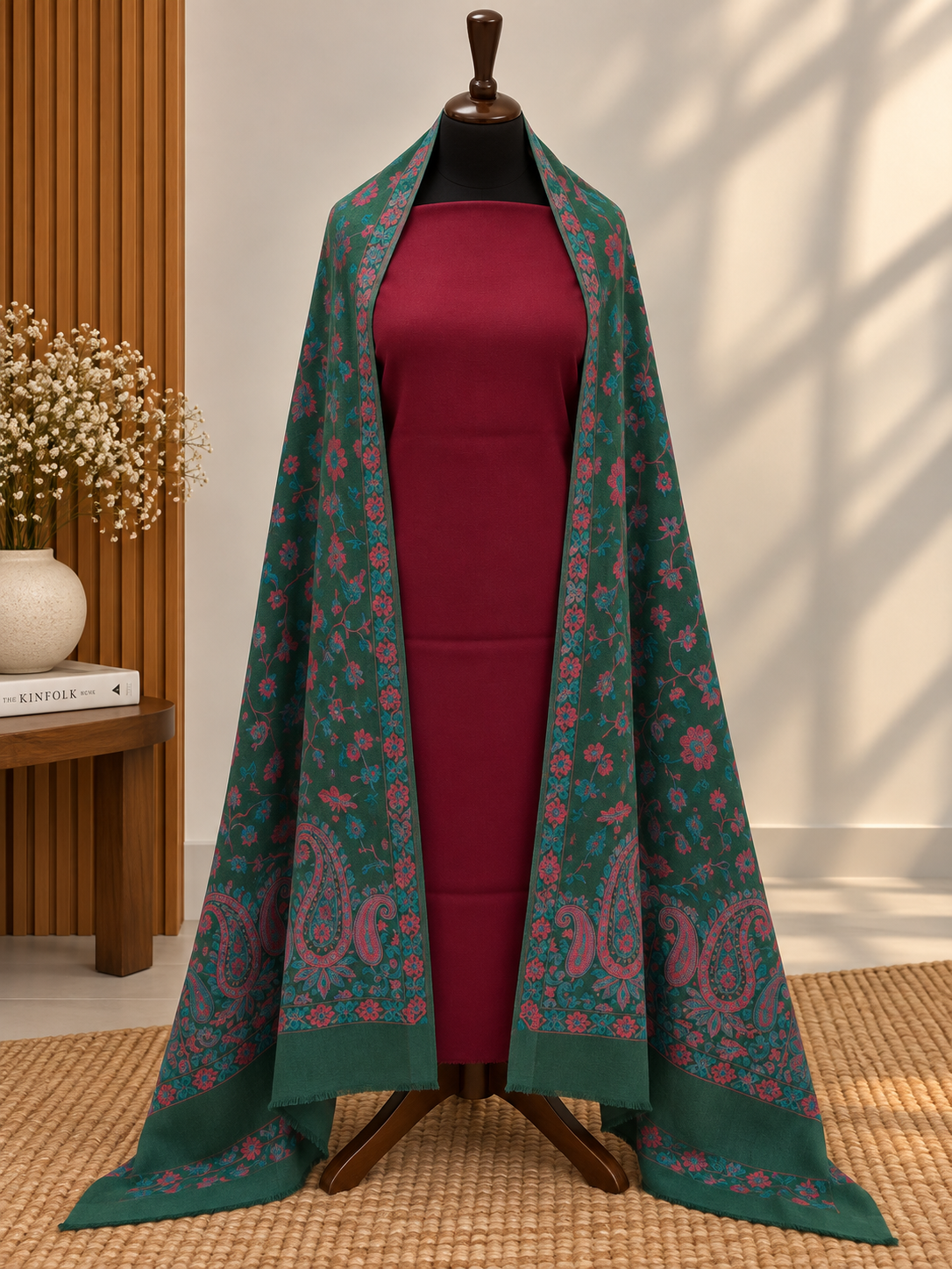 Maroon 3-Piece Plain Pashmina Suit with Green Full Kani Pashmina Shawl