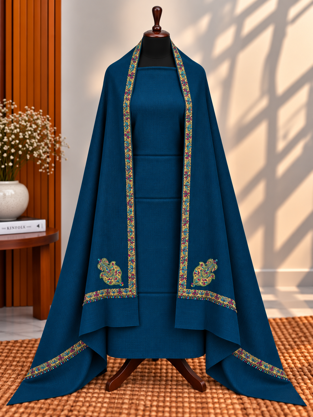 Zinc 3-Piece Plain Pashmina Suit with 4-Side Kingri Border Shawl