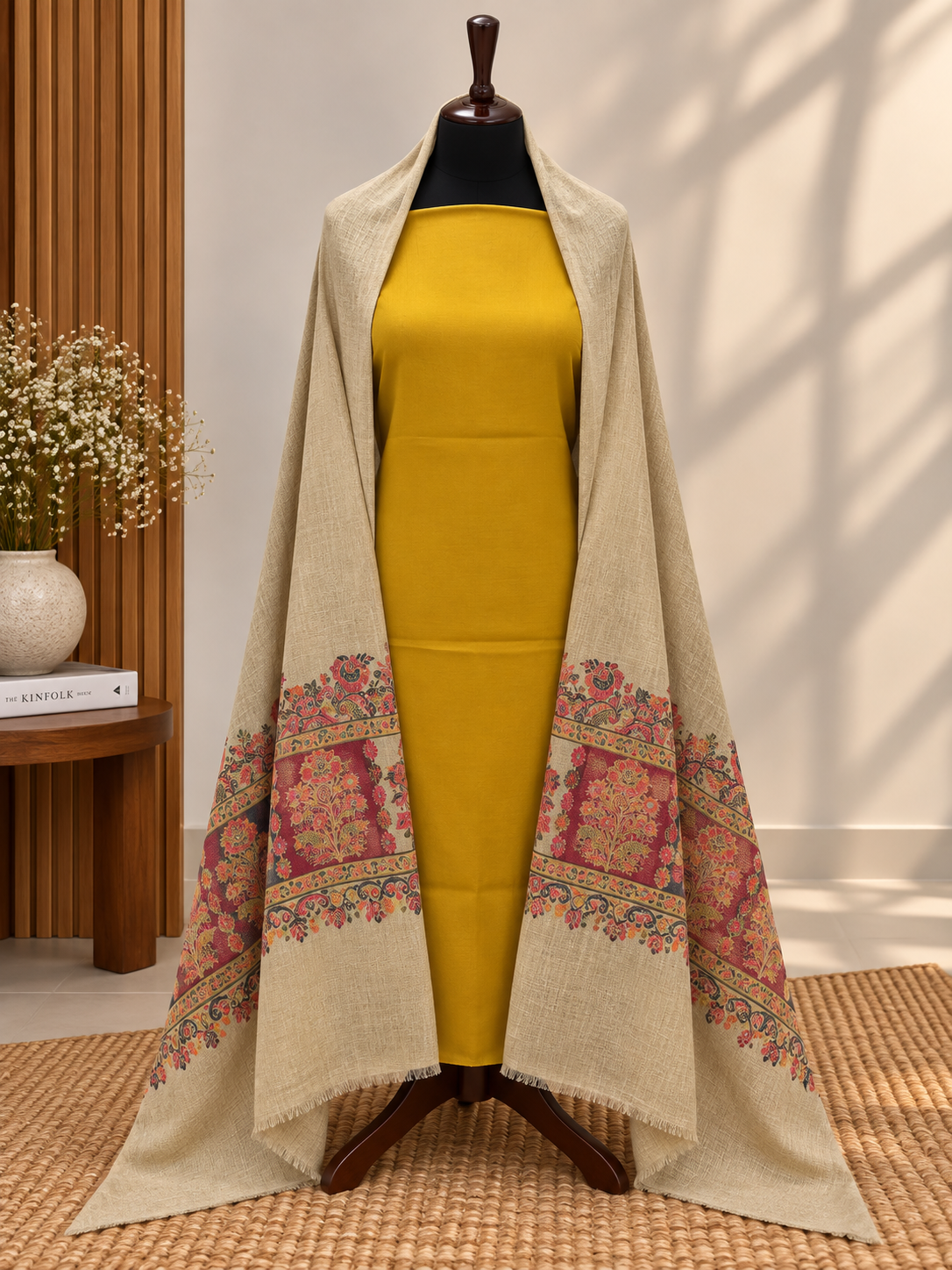 Skin + Mustard 3-Piece Plain Pashmina Suit with Kani Border Self Shawl