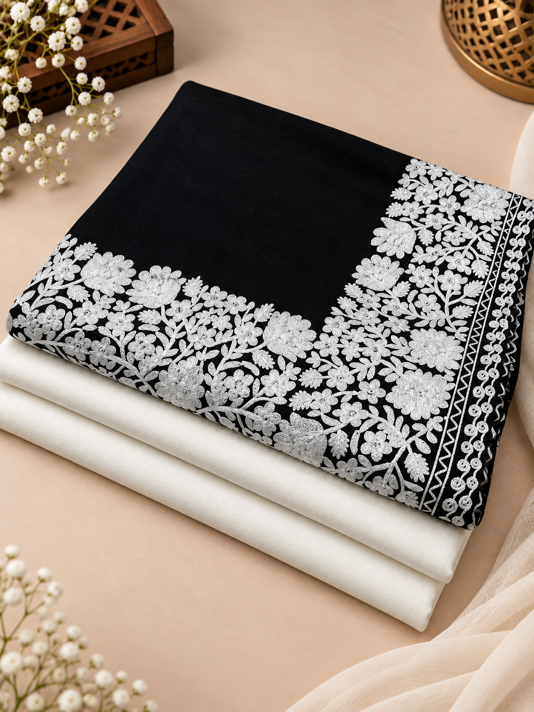 Off-White 3-Piece Plain Pashmina Suit with Black & White 4-Side Kashmiri Border Embroidered Shawl