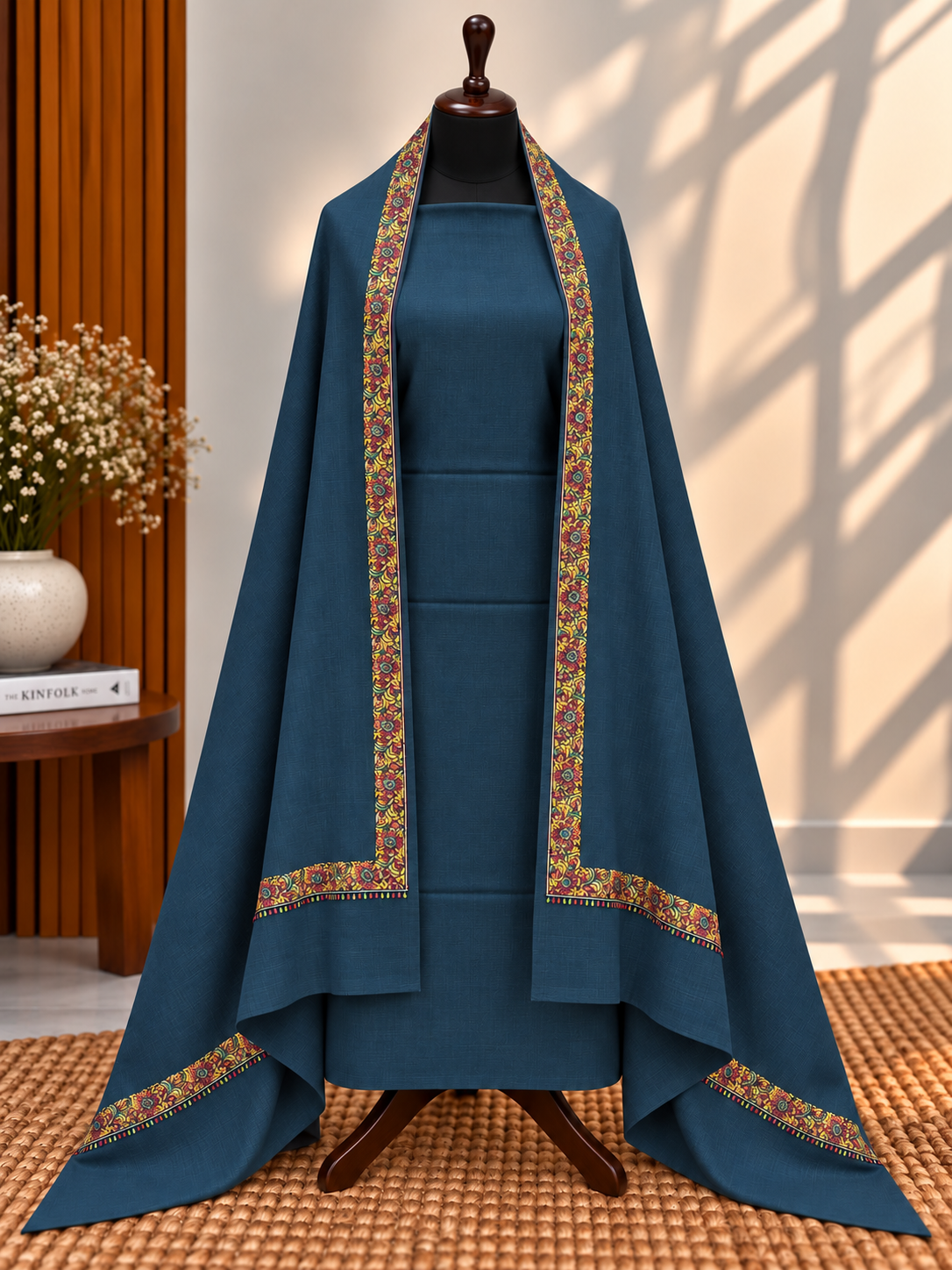 Zinc 3-Piece Plain Pashmina Suit with 4-Side Hashia Border Shawl
