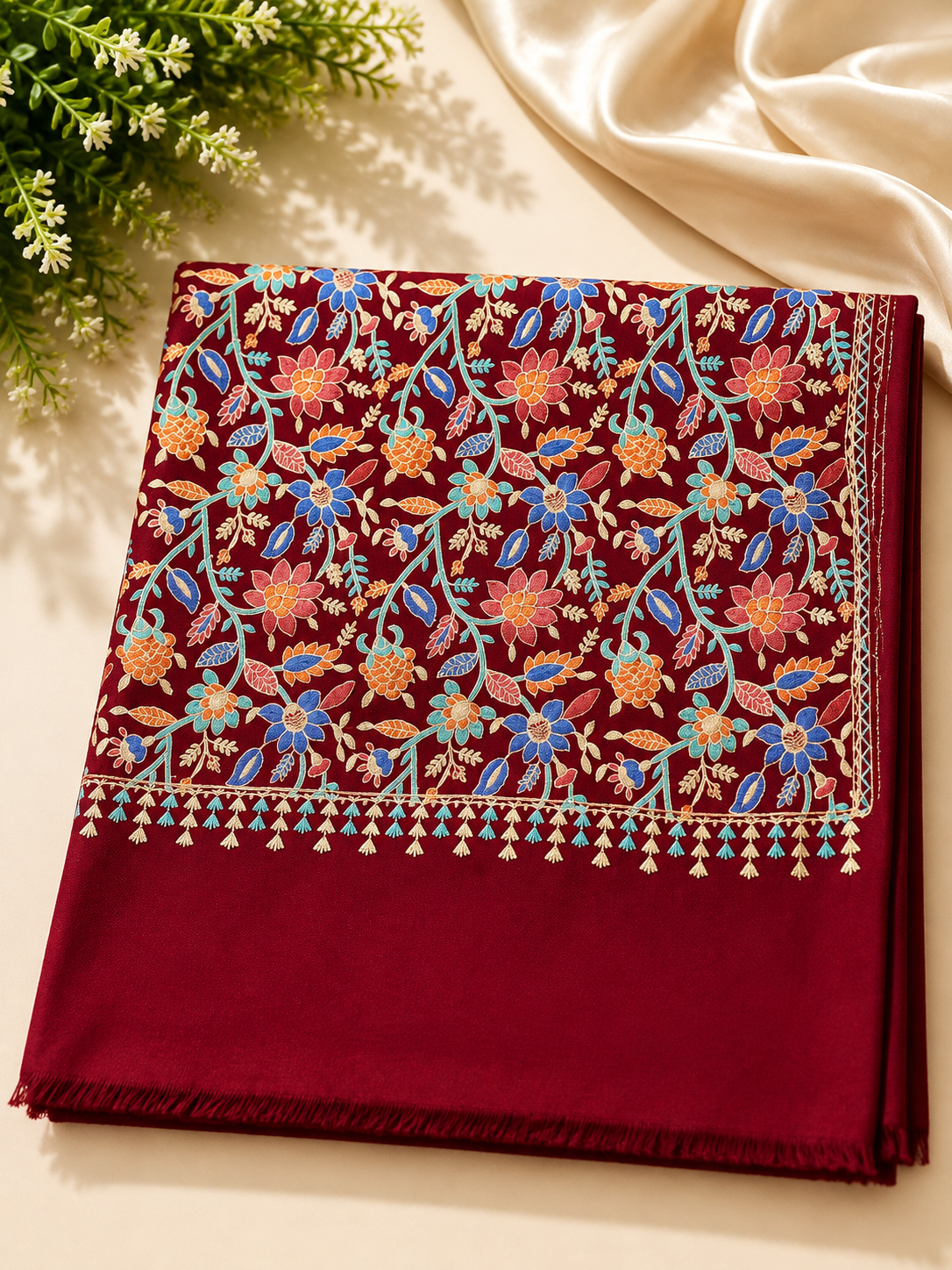 Maroon Kashmiri Jaal Shawl | Full Embroidered Shawl Resham Work Aar Embroidery