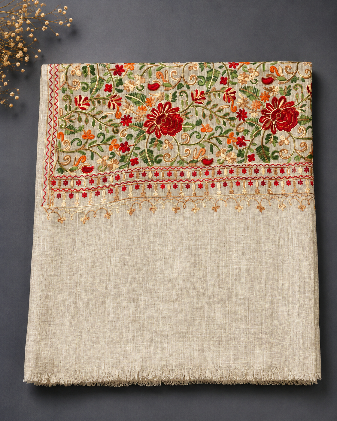 Skin Grey Pashmina Full Embroidered Shawl | Kashmiri Aar Work | Elegant Jaal Design