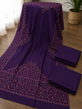 Dark Purple Plain Pashmina 3Pc Suit With Handmade Needle Work Shawl