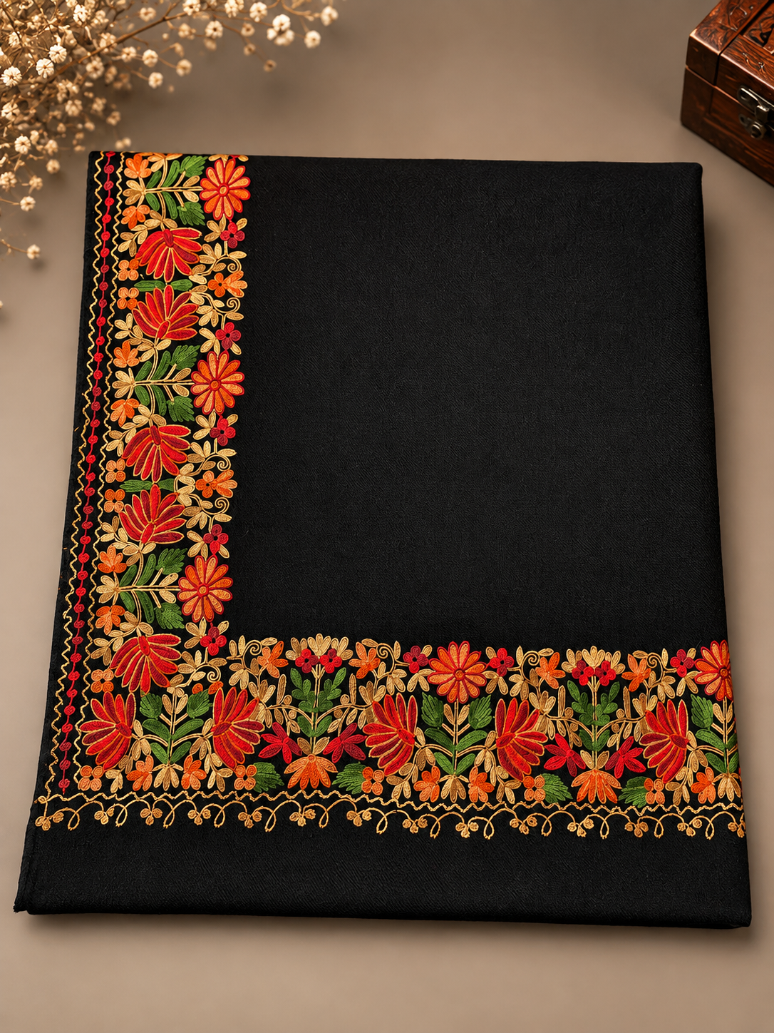 Kashmiri 4-Side Border Embroidered Pashmina Shawls | Prefect Gift