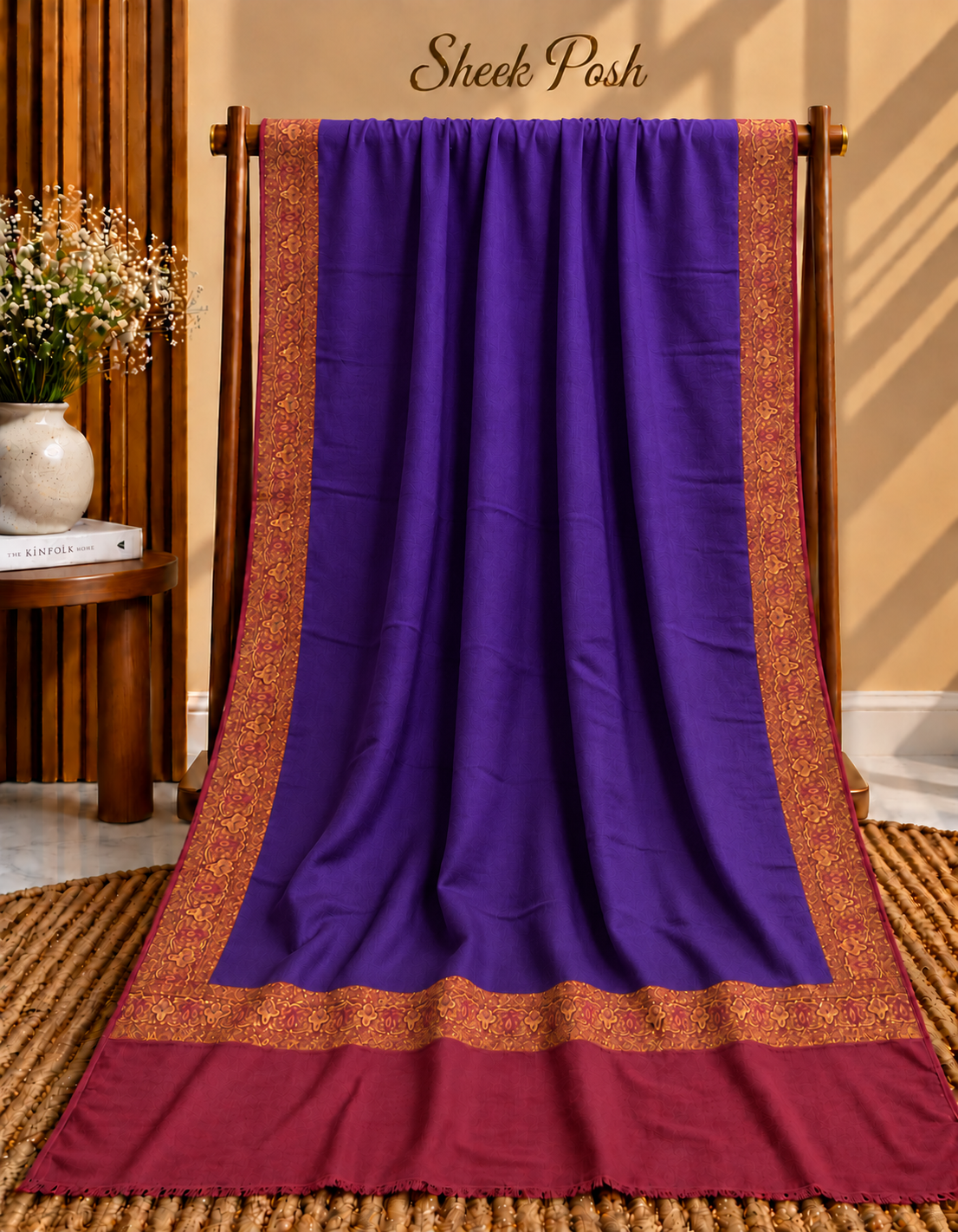 Dark Purple Kani Border Pashmina Shawl