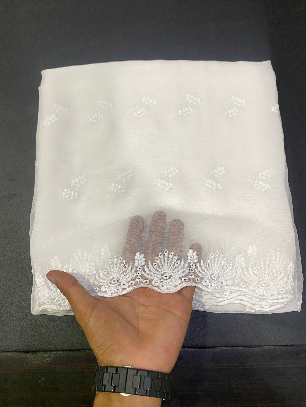 Crinkle Chiffon Embroidered Dyeable Cutwork Border Dupattas