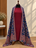 Maroon 3-Piece Plain Pashmina Suit with Navy Blue Full Kani Pashmina Shawl