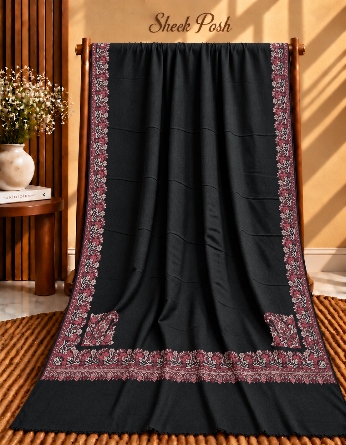 Black B3 Pashmina Kani Floral Border Shawl