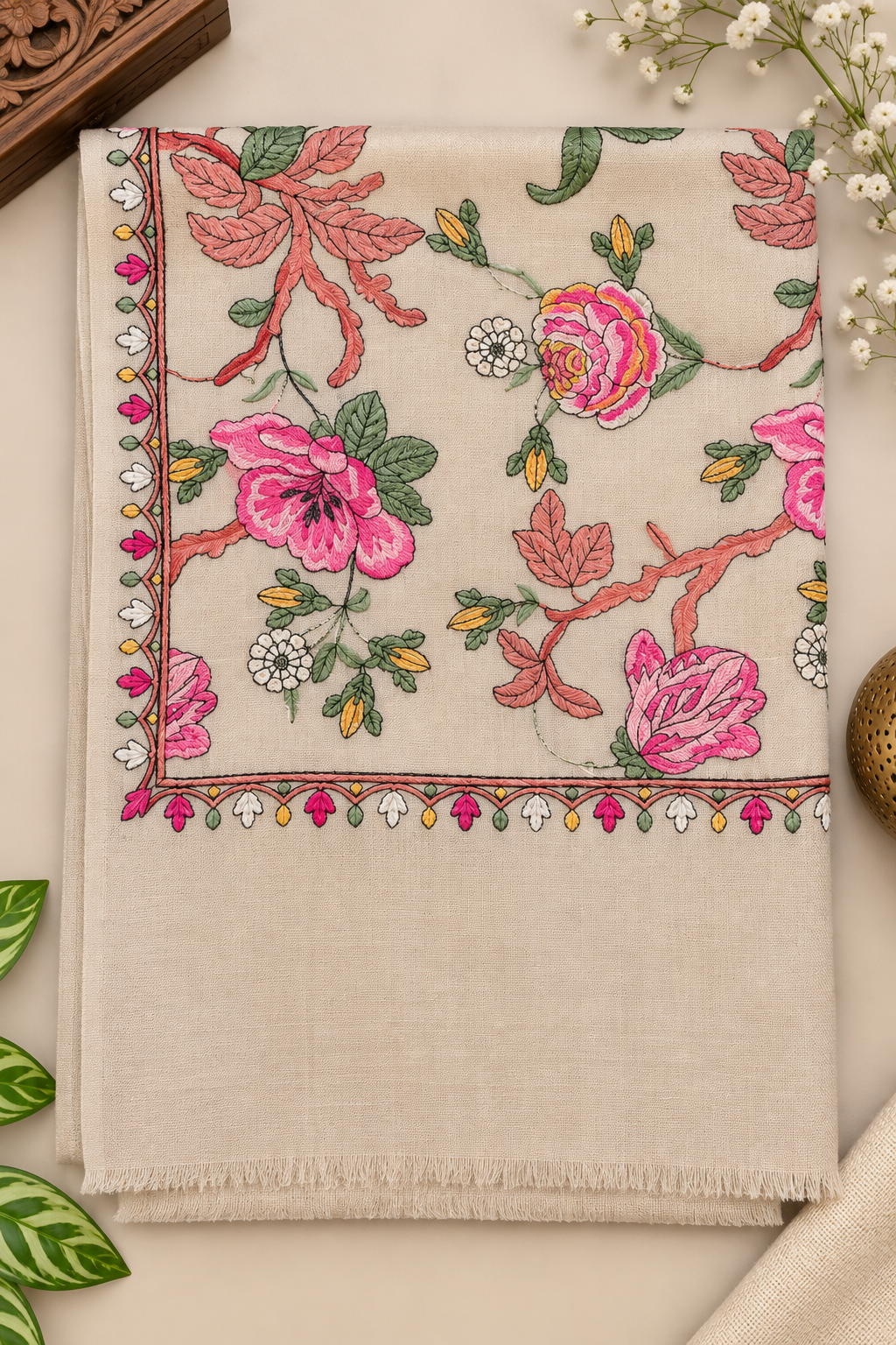 Light Skin Pashmina Full Gulabkar Embroidered Stole