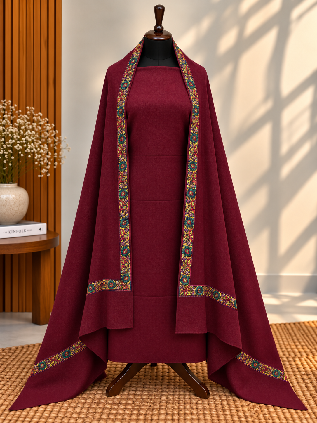Maroon 3-Piece Plain Pashmina Suit with 4-Side Hashia Border Shawl