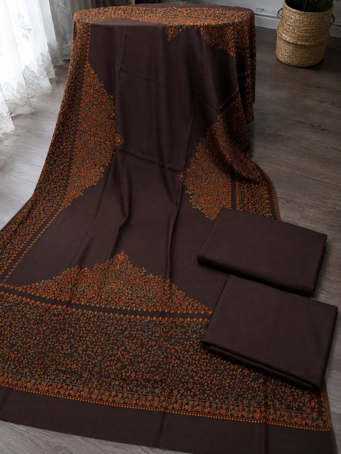 Choc Brown Plain Pashmina 3Pc Suit With Handmade Needle Work Shawl