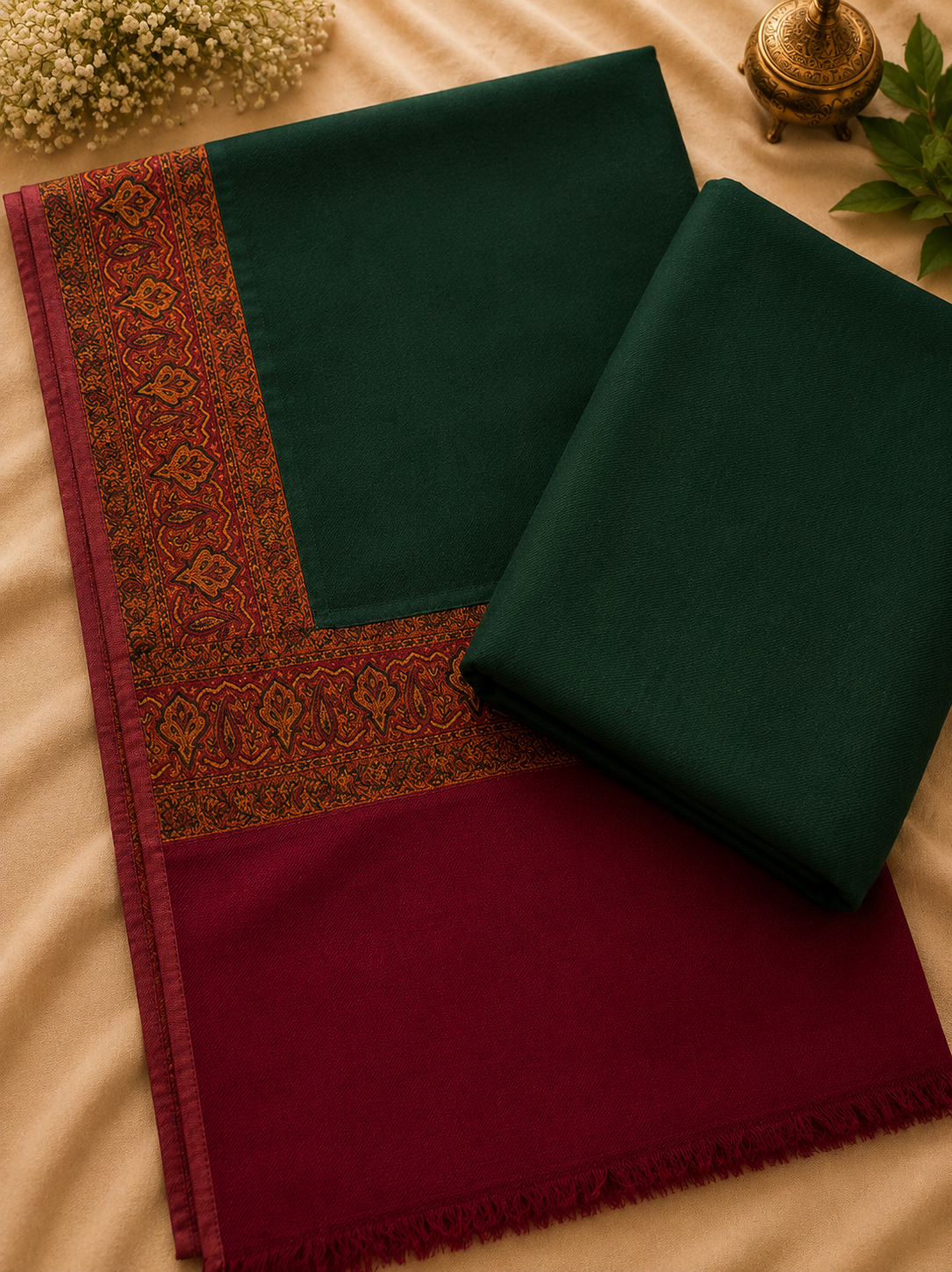 Bottle Green 3-Piece Plain Pashmina Suit with Kani Border Shawl