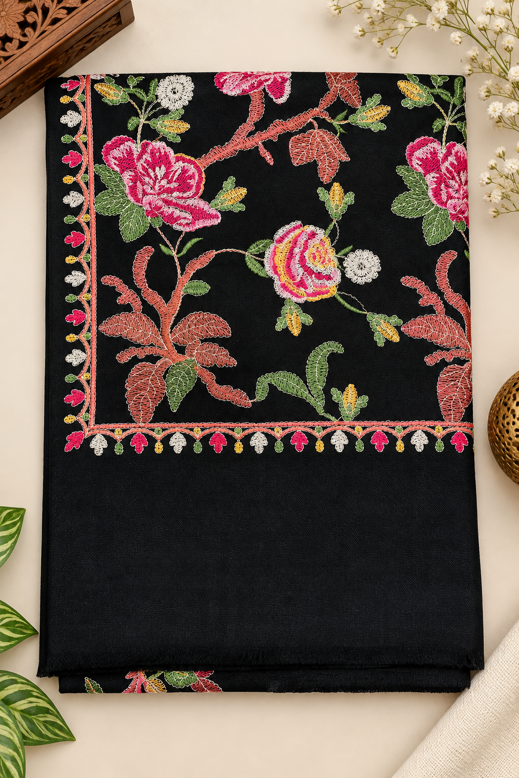Black Pashmina Full Gulabkar Embroidered Stole