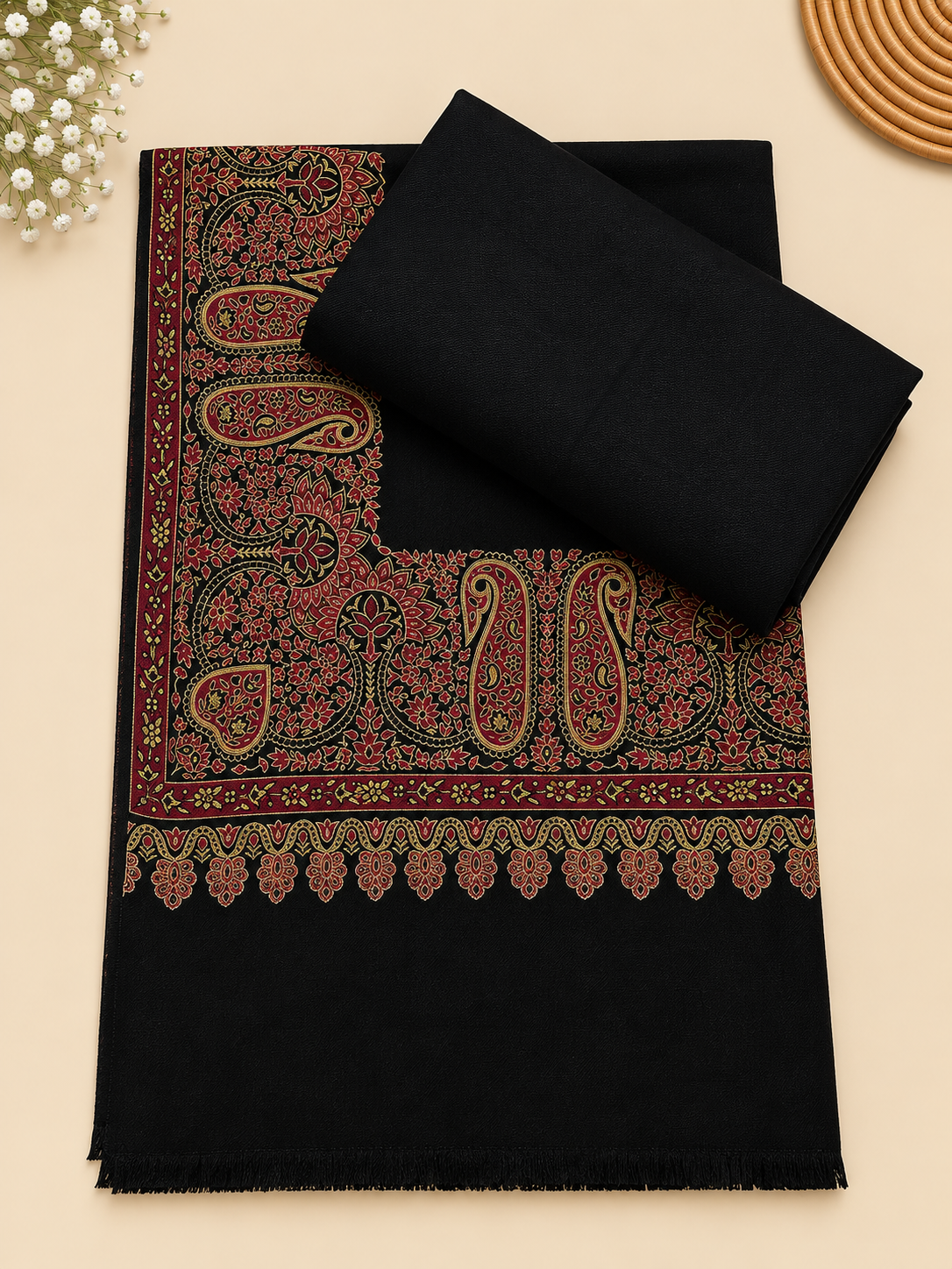 Black 3-Piece Plain Pashmina Suit with Black Kani Border Shawl (Red Paisley Border)