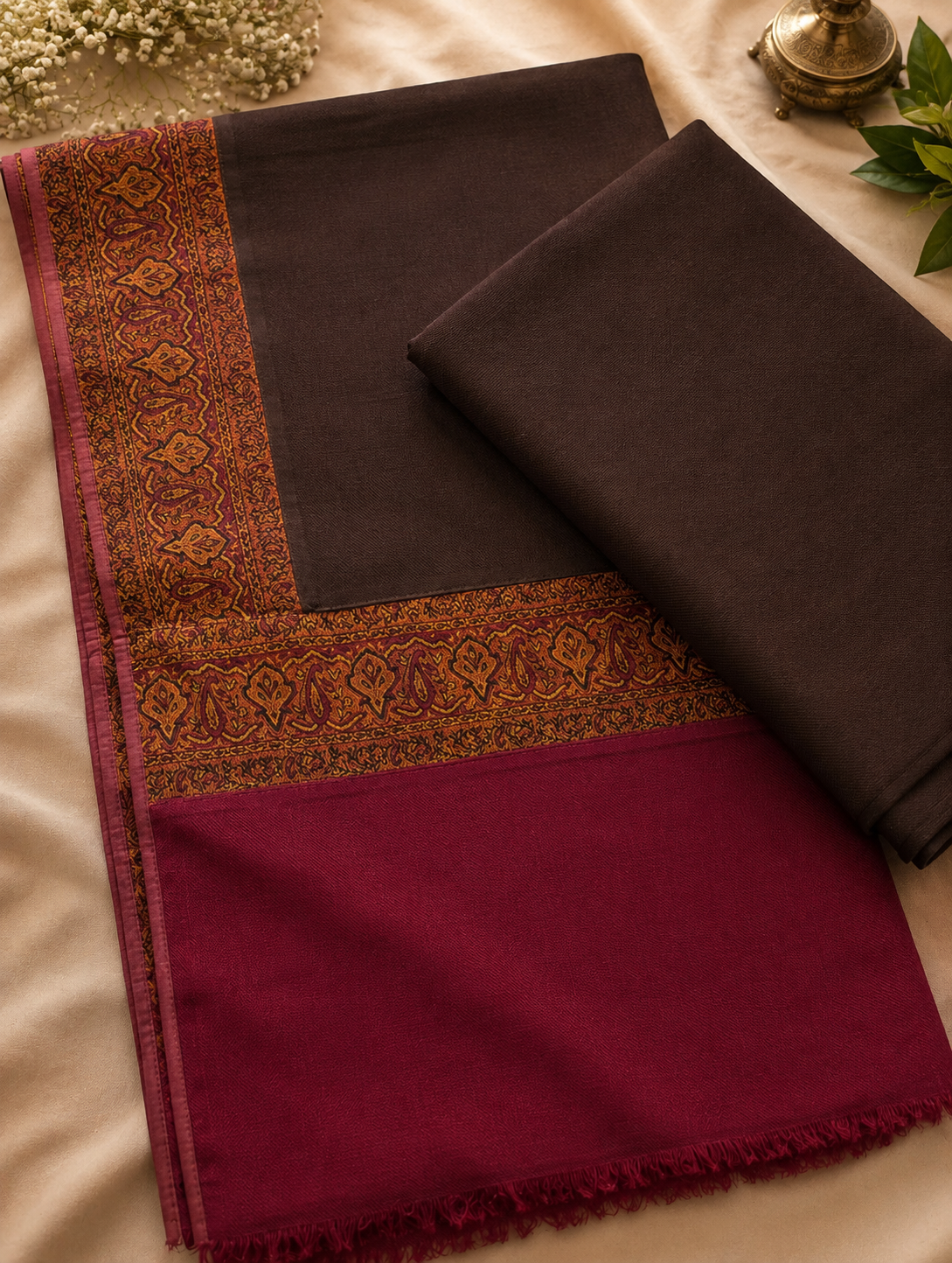 Choc Brown 3-Piece Plain Pashmina Suit with Kani Border Shawl
