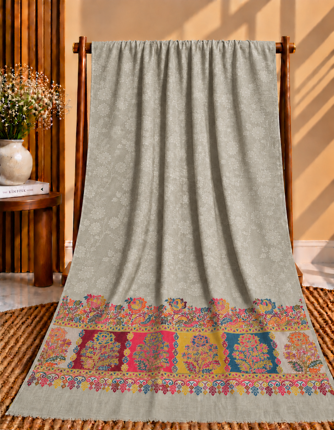 Dark Skin Pashmina Kani Border with Self Print Shawl