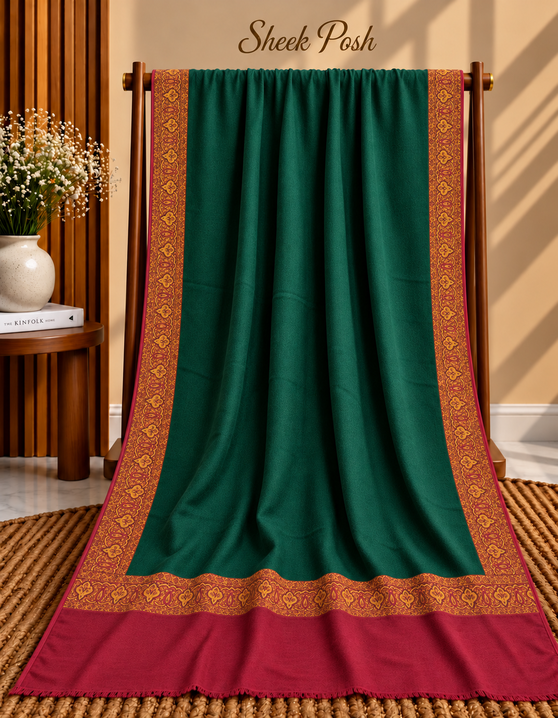 Bottle Green Kani Border Pashmina Shawl