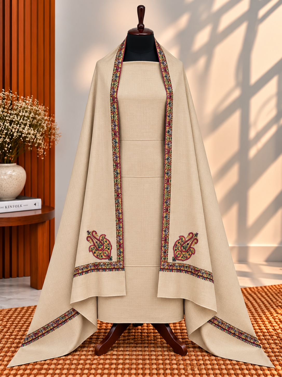 Light Skin 3-Piece Plain Pashmina Suit with 4-Side Kingri Border Shawl