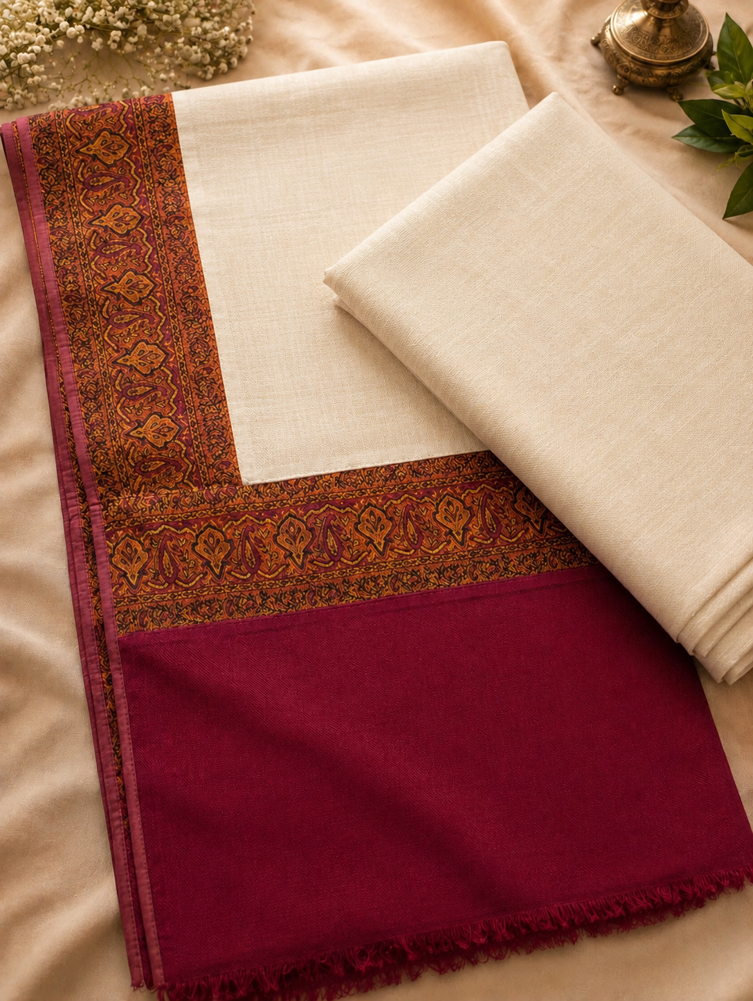 Light Skin 3-Piece Plain Pashmina Suit with Kani Border Shawl