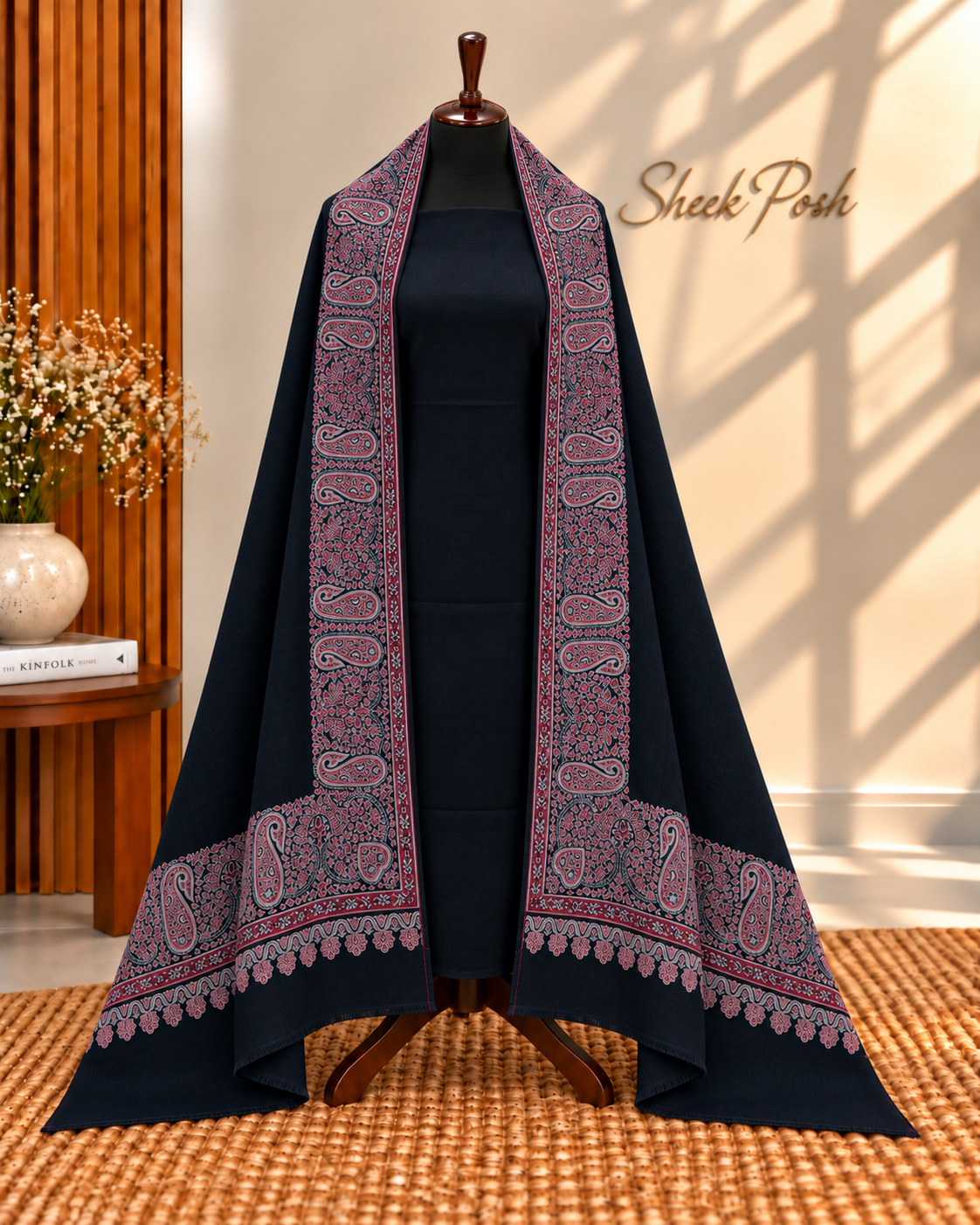 Black B2 3-Piece Plain Pashmina Suit with 4 Side Kani Paisley Border Pashmina Shawl