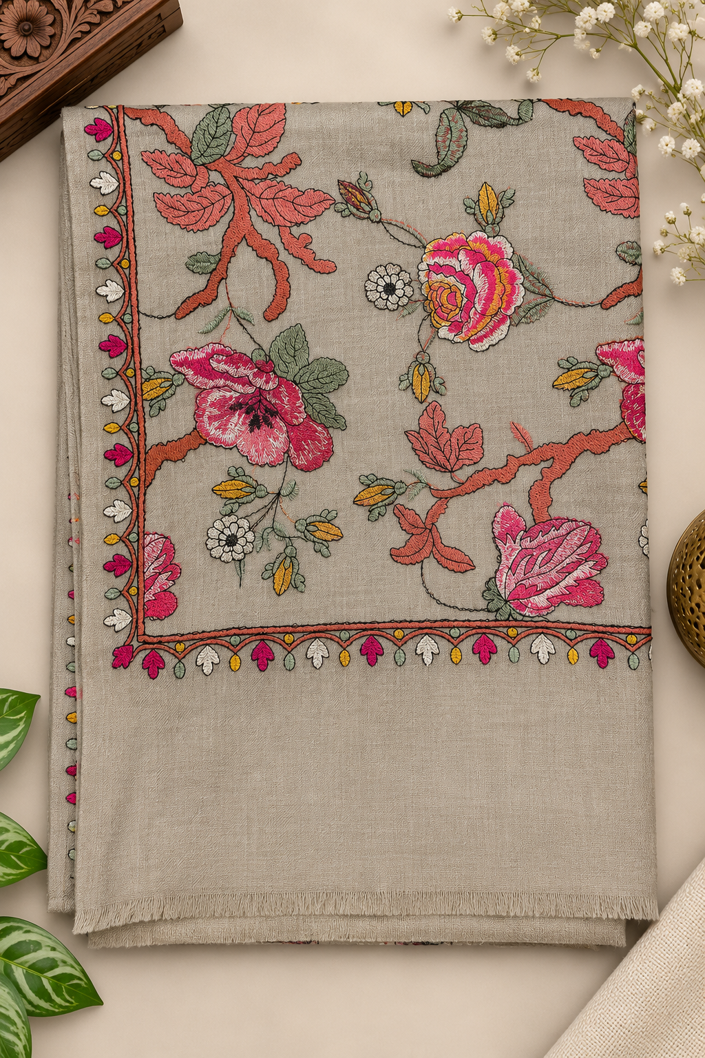 Dark Skin Pashmina Full Gulabkar Embroidered Stole