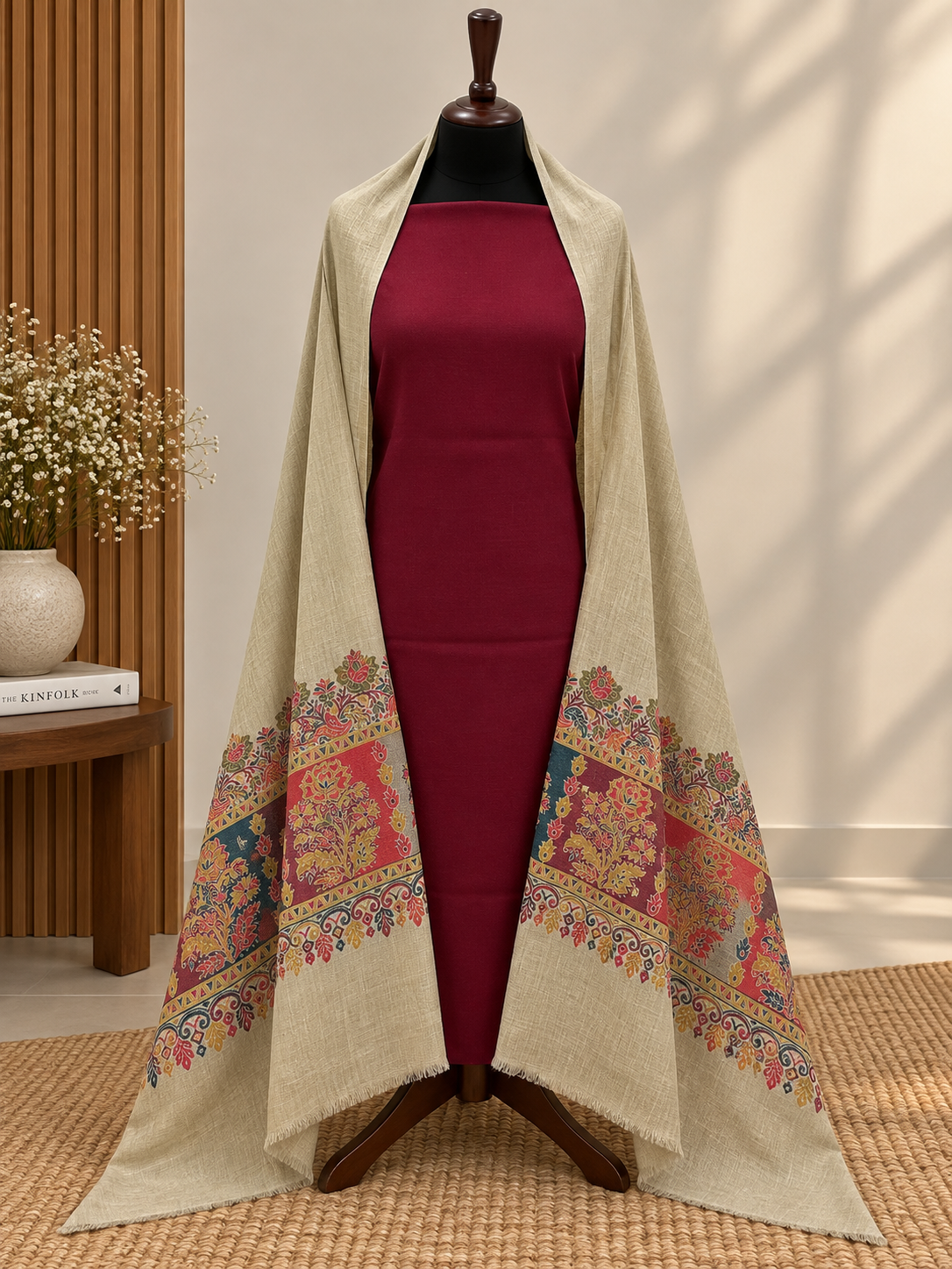 Skin + Maroon 3-Piece Plain Pashmina Suit with Kani Border Self Shawl