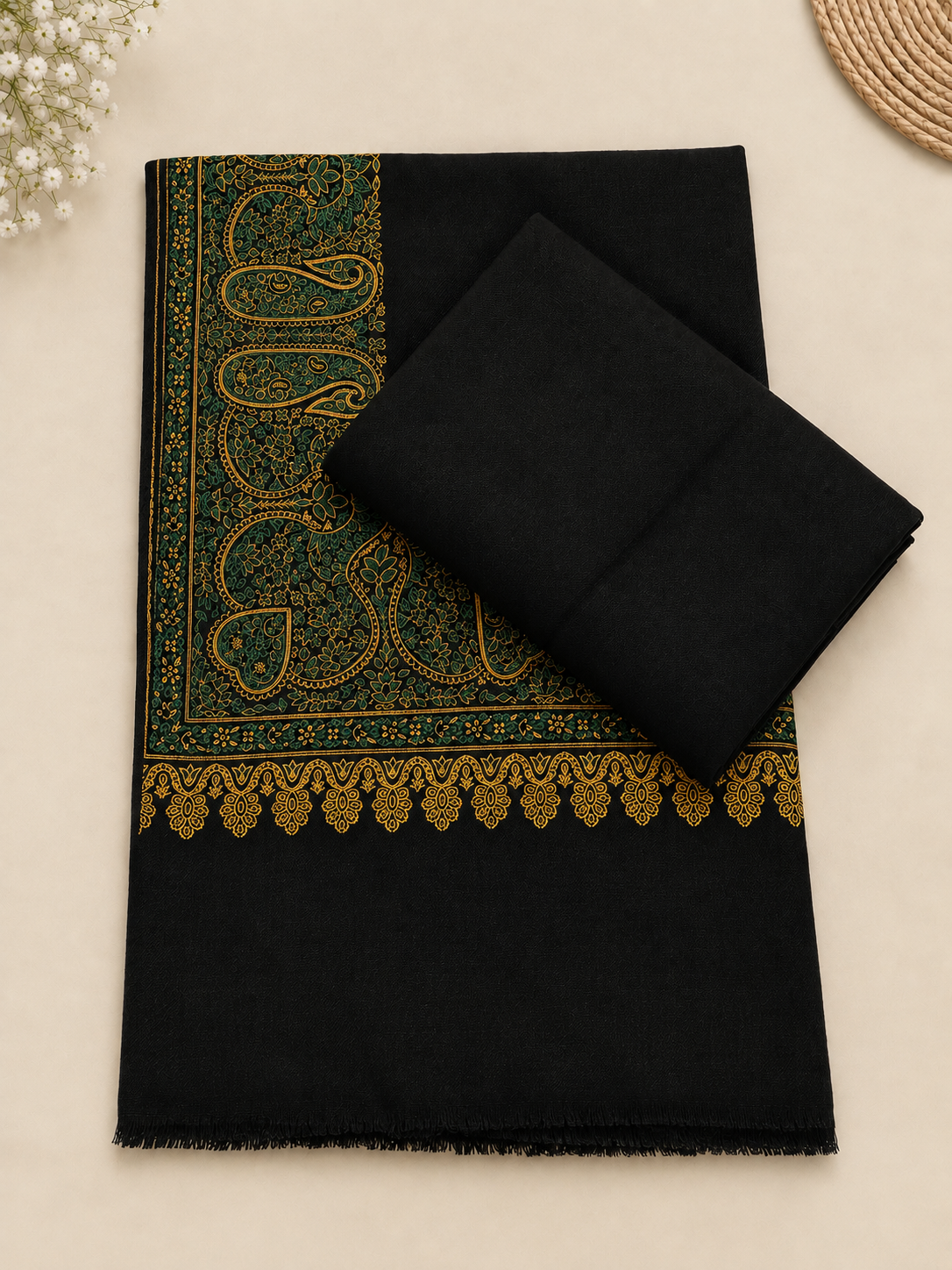 Black 3-Piece Plain Pashmina Suit with Black Kani Border Shawl (Gold Border)
